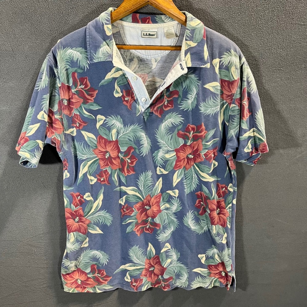 LL Bean Mens Large Floral Hibiscus Tropical Pique Cotton Polo Shirt Blue Red